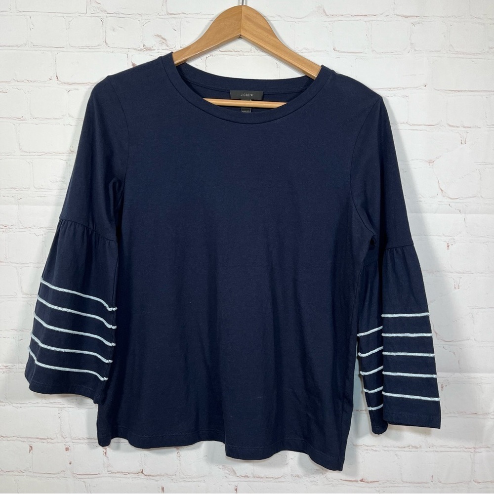 J. Crew Embroidered Bell Sleeve Top Blouse Shirt Womens Size Small Navy White - Picture 2 of 9
